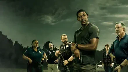 Rebel Bridge 4K Ultra HD PC desktop wallpaper: tense group of uniformed officers and a central man standing alert on a dark roadside beneath a stormy green sky.