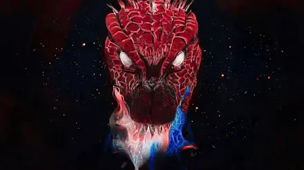 5K Ultra HD PC desktop wallpaper: painted anime crocodile head—Dorohedoro’s Caiman—fiery red scales, glowing eyes and blue flame accents against a dark starry background.