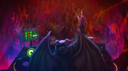 Dorohedoro anime monster DJ with batlike wings spinning records amid a fiery hell club, vivid 5K Ultra HD PC desktop wallpaper/background.