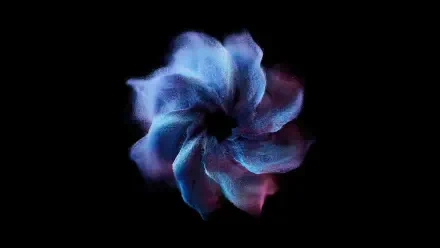 Xiaomi OLED 8K Ultra HD desktop wallpaper: black background with a luminous blue-pink particle swirl forming a delicate, flower-like vortex.
