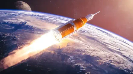 2K Quad HD PC desktop wallpaper: NASA Artemis II rocket blazing over Earth from space, Moon visible on the horizon.