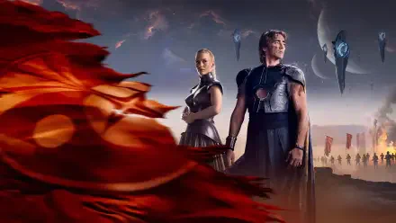 Foundation 4K Ultra HD PC desktop wallpaper: two armored figures stand behind a billowing red banner, with hovering alien ships and a moonlit skyline over a desert city.