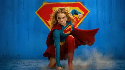 Supergirl (2026) crouching with cape billowing and S emblem glowing against a textured blue backdrop — 4K Ultra HD PC desktop wallpaper/background.