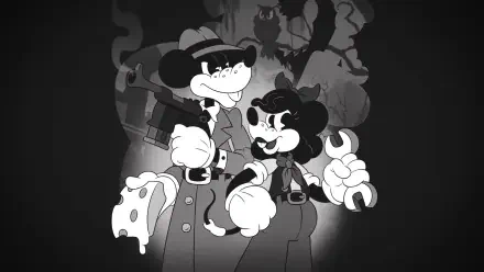 Black-and-white 4K Ultra HD PC desktop wallpaper from the video game Mouse: P.I. For Hire, depicting two cartoon detective mice in trench coats and a fedora against a shadowy cityscape background.
