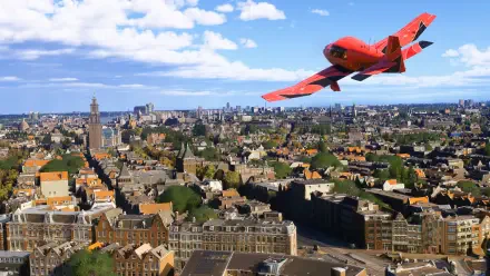 2K Quad HD PC desktop wallpaper: red sport plane over a detailed European cityscape in the video game Microsoft Flight Simulator 2024.
