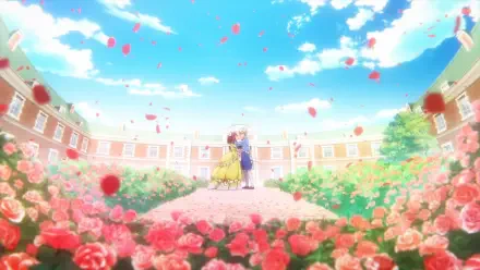 Anime HD PC desktop wallpaper: Bertia Ibil Noches and Cecil Glo Alphasta from An Observation Log of My Fiancée Who Calls Herself a Villainess embrace amid roses in a sunlit courtyard.