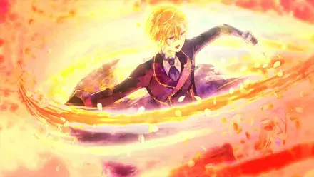 HD anime desktop wallpaper of Cecil Glo Alphasta from An Observation Log of My Fiancée Who Calls Herself a Villainess — golden-haired in a purple uniform surrounded by swirling flames