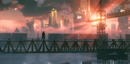 Replaced 2K Quad HD PC video game desktop wallpaper: lone figure stands on an industrial bridge overlooking a neon-lit futuristic city skyline at sunset with cranes and towering skyscrapers.