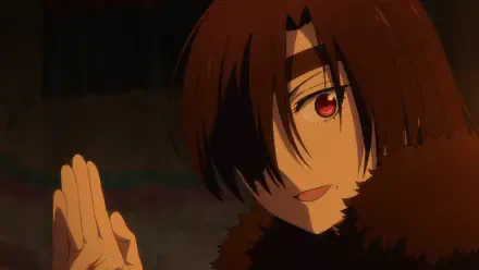 Anime HD PC desktop wallpaper: Asa from Daemons of the Shadow Realm, close-up with red eyes and dark hair, fur collar, smiling in a dimly lit scene.