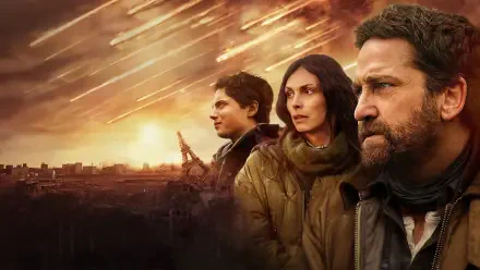 Greenland 2: Migration poster-style scene — three people in winter jackets stare toward a meteor-lit sky over a burning city; 4K Ultra HD PC desktop wallpaper and background.