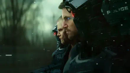 Code 8: Part 2, 4K Ultra HD PC desktop wallpaper showing two futuristic riot police in tactical helmets, rain-slick green lighting and blurred trees, intense profile stares.