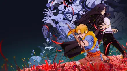 Daemons of the Shadow Realm — 4K Ultra HD PC desktop wallpaper/background: blond swordsman and dark-haired ally confront swirling shadow daemons above a field of red flowers.