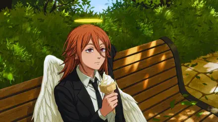 5K Ultra HD PC wallpaper: Angel Devil (Chainsaw Man) enjoying ice cream on a sunlit park bench, carefree anime scene.