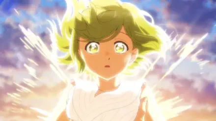 Anime HD PC desktop wallpaper: Coco from Witch Hat Atelier, glowing eyes and windblown hair bathed in radiant light against a vivid sky.