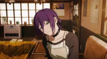 Reze from Chainsaw Man as a cute anime waitress leaning forward in a sunlit cafe — 5K Ultra HD PC desktop wallpaper/background.