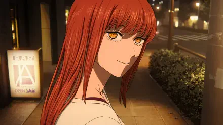 5K Ultra HD wallpaper of Makima (Chainsaw Man): red-haired anime devil girl glancing over her shoulder on a warmly lit city sidewalk at night.