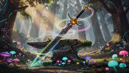 4K Ultra HD PC desktop wallpaper and background - an enchanted sword thrust into a mossy anvil in a sunlit forest, luminescent mushrooms and swirling magic ribbons around the blade.