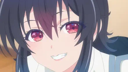 HD PC wallpaper close-up of Umi Asanagi from anime I Made Friends with the Second Prettiest Girl in My Class: dark hair, pink-red eyes, warm playful smile.