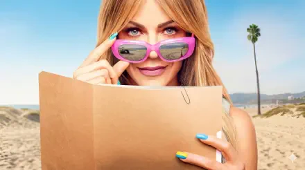 HD desktop wallpaper of a blonde actress in pink sunglasses peeking over a folder on a sunny beach, promotional image for the TV show High Potential.