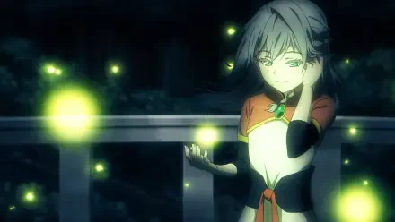 HD desktop wallpaper of Tessia Eralith (The Beginning After The End) on a night balcony, softly cradling glowing green motes of light.