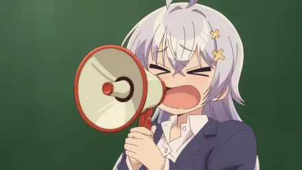 HD anime wallpaper of Yowayowa Sensei's Hiyori Hiwamura — white-haired girl in a school uniform shouting into a megaphone against a green chalkboard background.