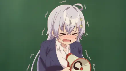 HD PC anime wallpaper: Yowayowa Sensei's Hiyori Hiwamura, flustered and shouting into a megaphone in front of a green chalkboard background.