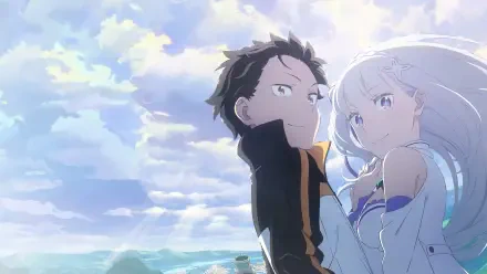 4K Ultra HD Re:Zero - Starting Life in Another World wallpaper showing Subaru and Emilia together beneath a bright sky, high-detail anime PC desktop background.