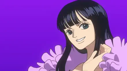 Anime HD PC desktop wallpaper of One Piece's Nico Robin smiling against a purple background, black hair and green eyes, wearing a pink feathered shawl.