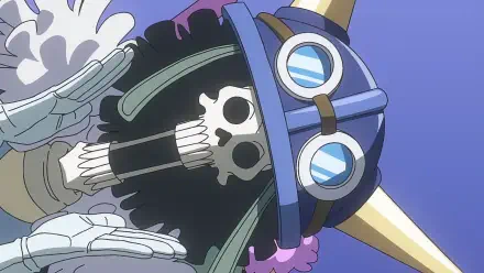 HD PC desktop anime wallpaper of Brook (One Piece): close-up of the skeletal musician in a top hat and goggles, hands near his face on a purple-blue background.