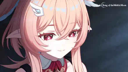 HD PC desktop wallpaper of video game character Linnea from Genshin Impact: close-up with pink hair, pointed ears, red eyes and a gentle smile against a dark background.