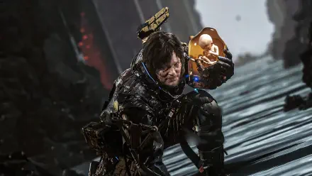 Death Stranding 2: On The Beach — drenched protagonist clutching an orange pod on rain-slick steps, dark moody scene, 4K Ultra HD PC desktop wallpaper background.