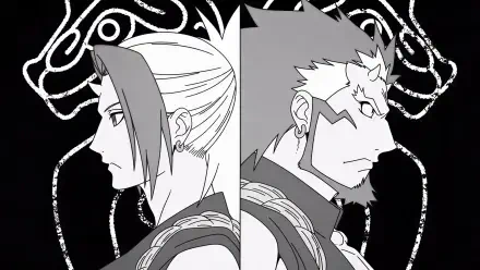 Black-and-white HD anime desktop wallpaper: two Daemons of the Shadow Realm shown in split profile, facing away with bold, stylized dark background patterns.