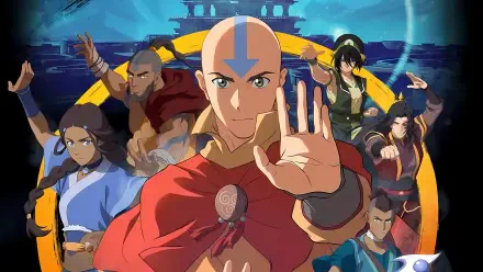 Avatar: The Last Airbender 4K Ultra HD PC desktop wallpaper and background — Aang centers with arrow tattoo raised, surrounded by Katara, Sokka, Toph and team in a vibrant blue scene.