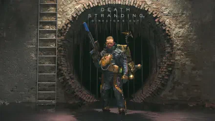 Death Stranding video game 4K Ultra HD PC desktop wallpaper: armored porter carrying a BB pod and gear stands before a circular sewer grate.