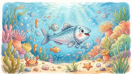5K Ultra HD PC desktop wallpaper of a smiling sardine swimming among colorful reef fish, coral, starfish and a crab beneath sunlit blue water.