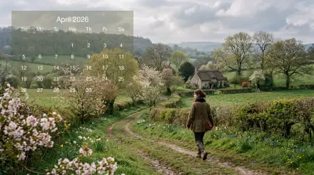 April 2026 Calendar on a 5K Ultra HD PC Desktop Wallpaper and Background: lone person walks a green country lane amid spring blossoms, hedgerows and stone cottages under a cloudy sky.