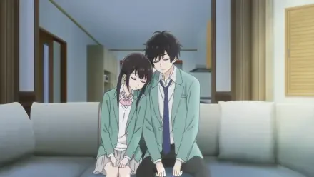 Anime HD PC desktop wallpaper: Miku Sakura and Yukiya Asagi from I Want to End this Love Game sit together on a couch in school uniforms, leaning heads in a quiet, tender moment.