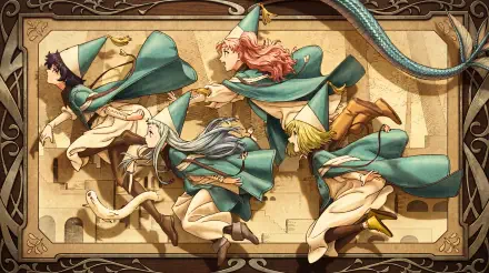 5K Ultra HD PC wallpaper: Coco and Arklaum witches from Witch Hat Atelier — anime girls in teal cloaks racing across a decorative fantasy panel.