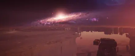 Homeworld video game 2K Quad HD PC desktop wallpaper, purple alien canyon with reflective water beneath a glowing spiral galaxy in space.
