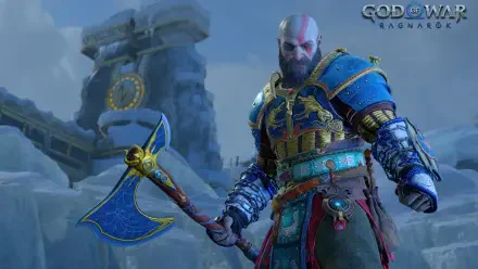 Kratos from the video game God of War: Ragnarök in blue-gold armor wielding the Leviathan Axe amid icy ruins — 4K Ultra HD PC desktop wallpaper/background