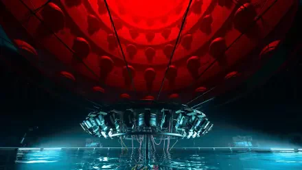 Call of Duty: Black Ops 6 4K Ultra HD PC desktop wallpaper — dark futuristic chamber with teal-lit machinery and cables reflected on a wet floor beneath a glowing red domed ceiling.