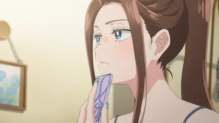 Kei Amane from Gals Can't Be Kind to Otaku!? — close-up anime portrait holding a phone to her chin, pensive expression, warm lighting; HD PC desktop wallpaper background.