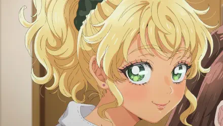 HD PC desktop wallpaper of Kotoko Ijichi from Gals Can't Be Kind to Otaku?! Close-up smiling portrait with green eyes and blonde twin-tail hair.