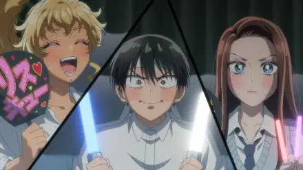 HD PC wallpaper of anime Gals Can't Be Kind to Otaku!? featuring Kotoko Ijichi, Kei Amane and Takuya Seo in a triangular split with glowing light sticks and lively expressions.