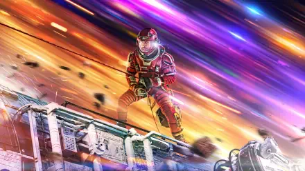 Project Hail Mary 4K Ultra HD PC desktop wallpaper: red-suited astronaut on a damaged spacecraft railing amid vivid, multicolored cosmic streaks.