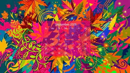 Vibrant autumn leaves and abstract swirls with a centered September 2026 calendar overlay, 5K Ultra HD PC desktop wallpaper/background.