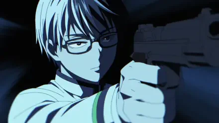Anime HD PC desktop wallpaper/background: Juuzou Ougami from KILL BLUE, glasses on, intense blue-lit close-up aiming a handgun.