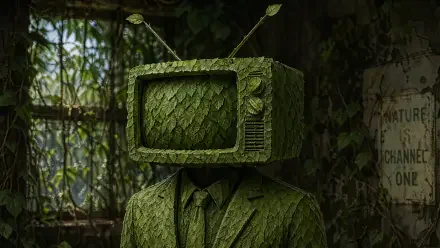 4K Ultra HD PC desktop wallpaper: humanoid in suit with TV head made of layered green leaves, standing in an overgrown, vine-filled room.