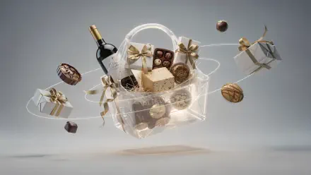 4K Ultra HD PC desktop wallpaper: transparent floating gift basket with a wine bottle, wrapped presents, chocolates and ornaments against a soft gray background.