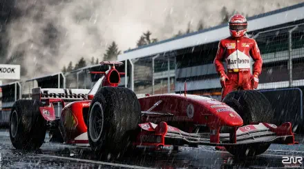 2K Quad HD desktop wallpaper: Ferrari F1 car in heavy rain on the pit lane, a driver in red racing suit and helmet standing beside the wet, water-splashed track.
